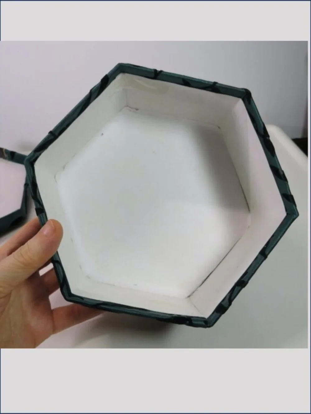 Vintage Hexagonal Fabric Covered Gift Box Teal Velvet Leaves Black Gold Bow